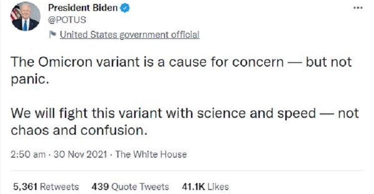 ওমিক্রন উদ্বেগের, আতংকের না : বাইডেন